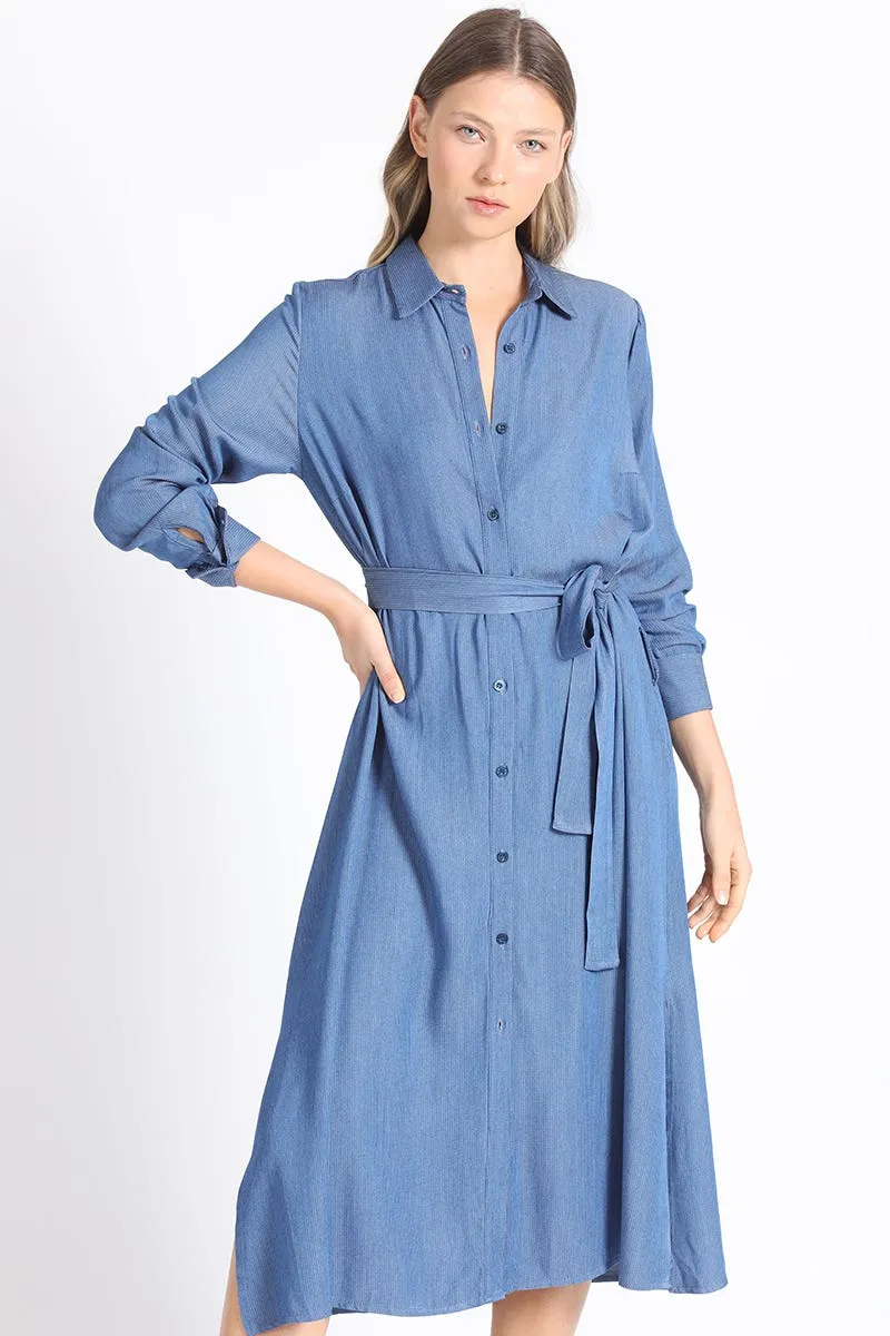 CAMISA EXTRA LARGA CHAMBRAY LISTADO, AZUL, COLECCIÓN ITALIA