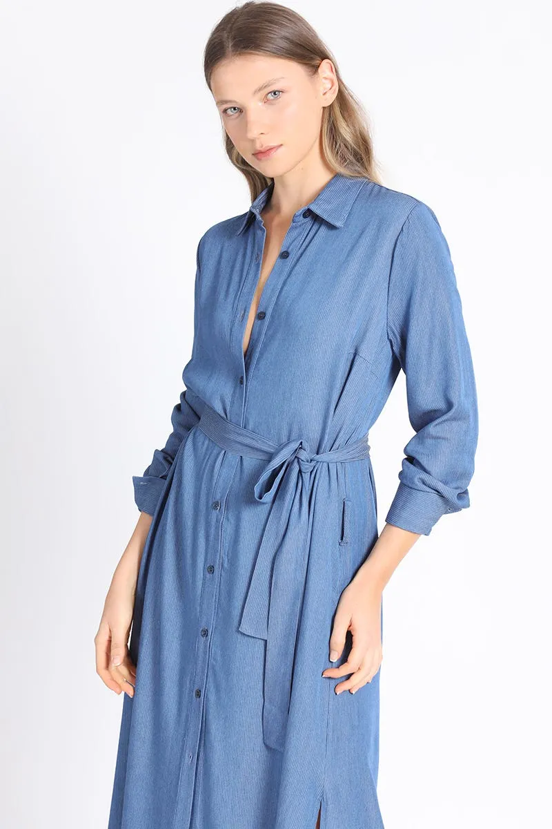 CAMISA EXTRA LARGA CHAMBRAY LISTADO, AZUL, COLECCIÓN ITALIA