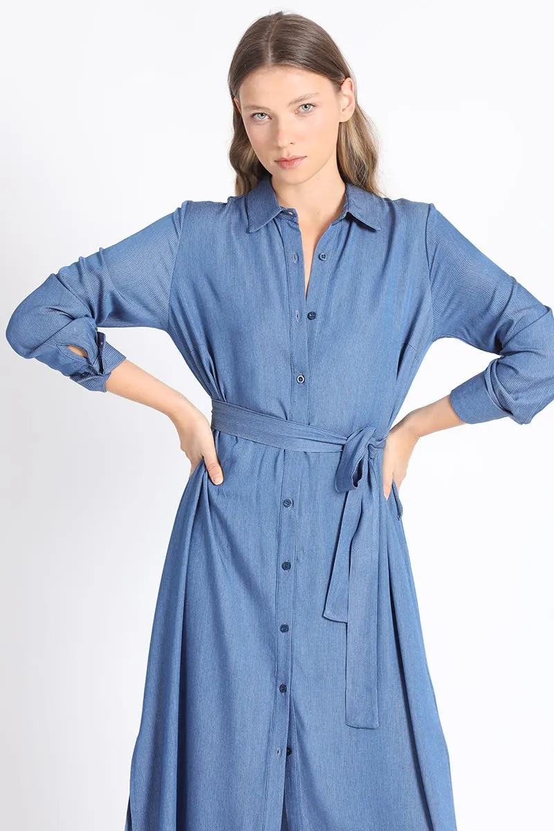 CAMISA EXTRA LARGA CHAMBRAY LISTADO, AZUL, COLECCIÓN ITALIA