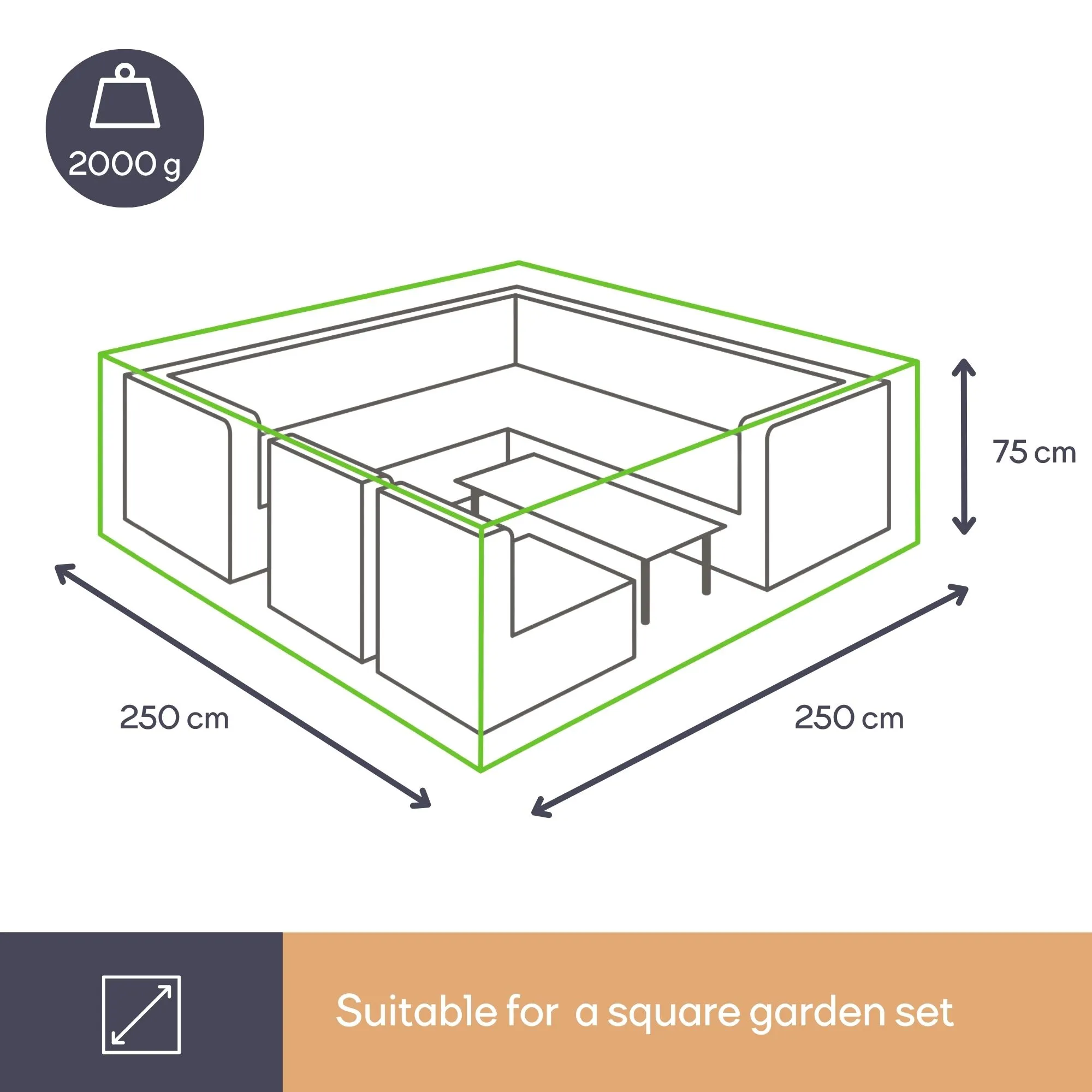 Protective cover for garden set, grey, square, 250 cm x 250 cm x 75 cm